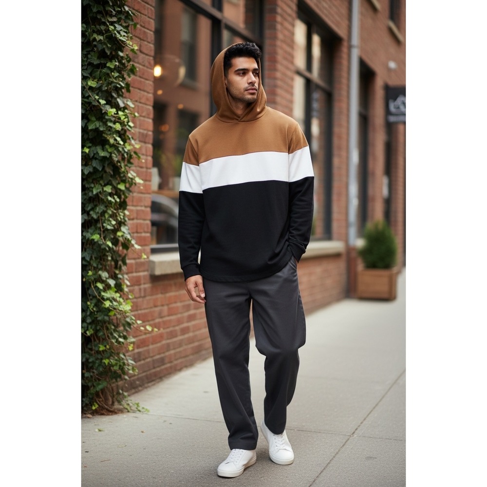 Denim & Flower Ricky Singh Mens Colorblock Hoodie Tan White Black Large